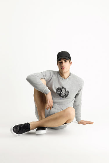 Orta Gri Melanj Bisiklet Yaka Oversize Baskılı Pamuklu Sweatshirt