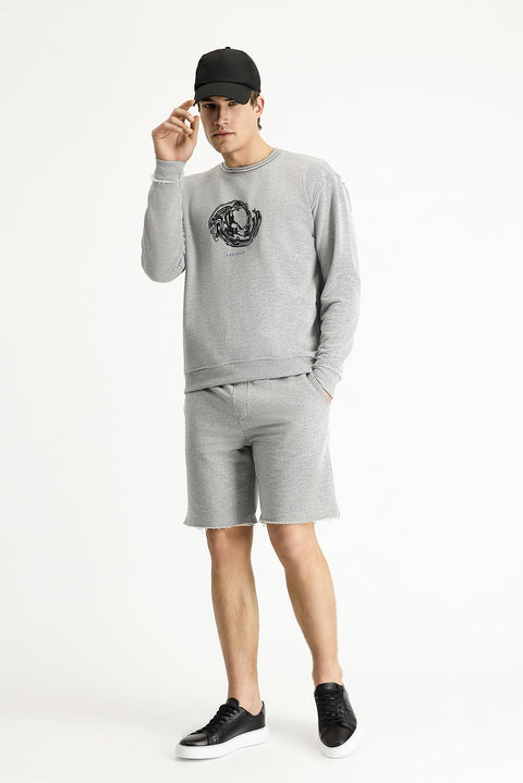 Orta Gri Melanj Bisiklet Yaka Oversize Baskılı Pamuklu Sweatshirt