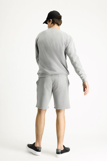 Orta Gri Melanj Bisiklet Yaka Oversize Baskılı Pamuklu Sweatshirt