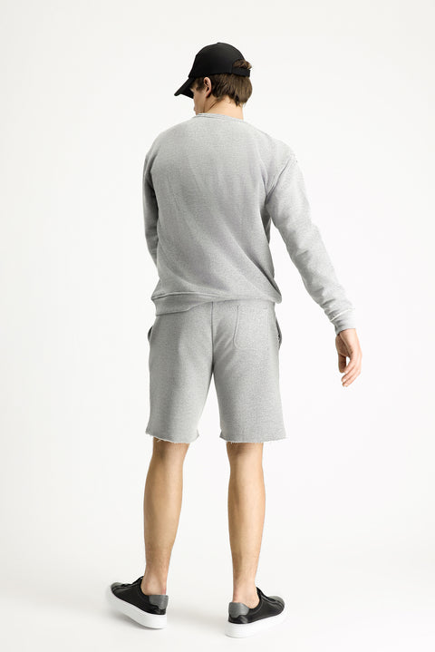 Orta Gri Melanj Bisiklet Yaka Oversize Baskılı Pamuklu Sweatshirt