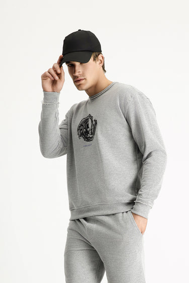 Orta Gri Melanj Bisiklet Yaka Oversize Baskılı Pamuklu Sweatshirt
