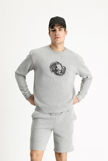 Orta Gri Melanj Bisiklet Yaka Oversize Baskılı Pamuklu Sweatshirt