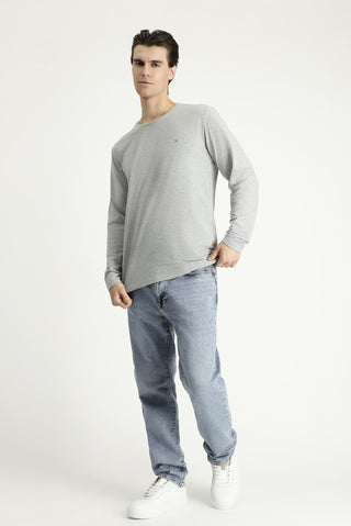 Açık Gri Melanj Bisiklet Yaka Slim Fit Dar Kesim Pamuklu Sweatshirt