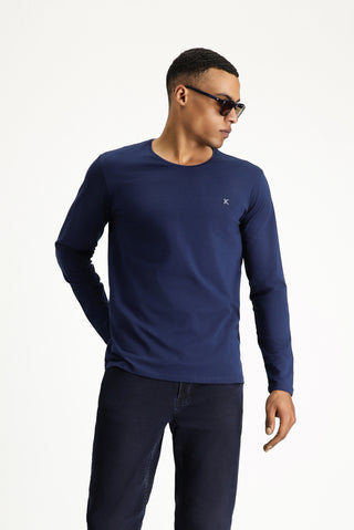 Koyu Lacivert Bisiklet Yaka Slim Fit Dar Kesim Pamuklu Sweatshirt