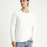 Beyaz Bisiklet Yaka Slim Fit Dar Kesim Pamuklu Sweatshirt