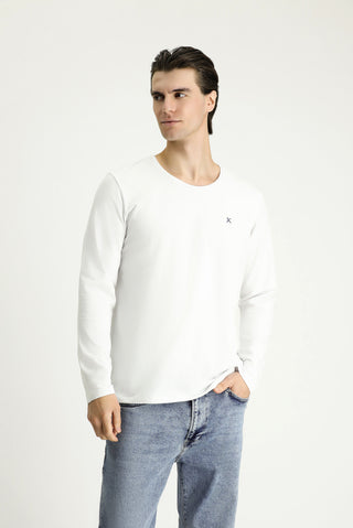 Beyaz Bisiklet Yaka Slim Fit Dar Kesim Pamuklu Sweatshirt