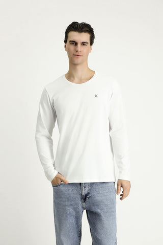 Beyaz Bisiklet Yaka Slim Fit Dar Kesim Pamuklu Sweatshirt