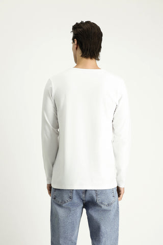 Beyaz Bisiklet Yaka Slim Fit Dar Kesim Pamuklu Sweatshirt