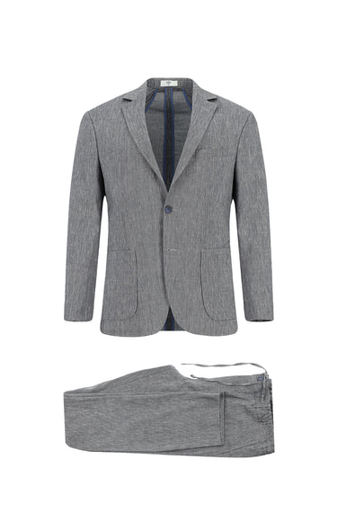 Orta Lacivert Slim Fit Dar Kesim Keten Karışımlı Beli Lastikli İpli Takım Elbise