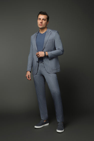 Koyu Mavi  Slim Fit Dar Kesim Keten Karışımlı Beli Lastikli İpli Takım Elbise