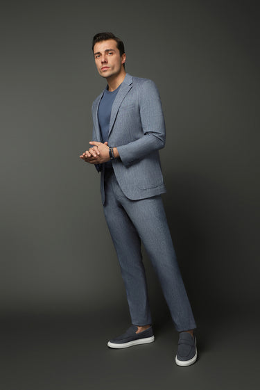 Koyu Mavi  Slim Fit Dar Kesim Keten Karışımlı Beli Lastikli İpli Takım Elbise