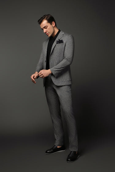 Koyu Antrasit Slim Fit Dar Kesim Keten Karışımlı Beli Lastikli İpli Takım Elbise