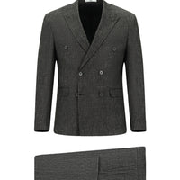Siyah 7 Drop Slim Fit Dar Kesim Keten Karışımlı Sivri Yaka Kruvaze Takım Elbise