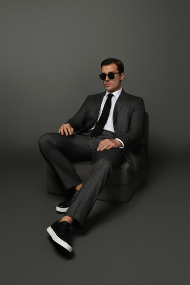 Siyah Slim Fit Dar Kesim Keten Karışımlı Kruvaze Takım Elbise