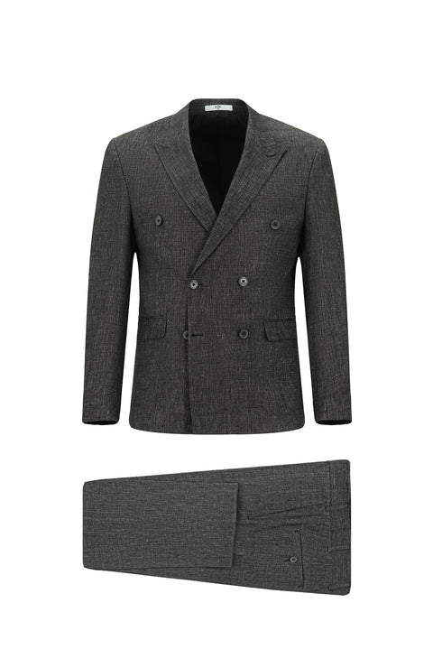 Siyah 7 Drop Slim Fit Dar Kesim Keten Karışımlı Sivri Yaka Kruvaze Takım Elbise
