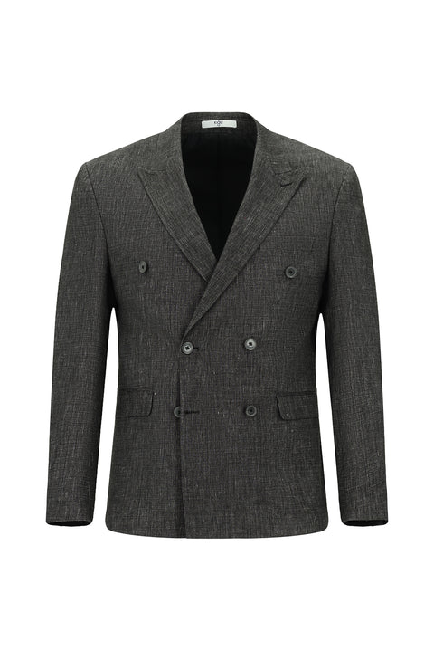 Siyah 7 Drop Slim Fit Dar Kesim Keten Karışımlı Sivri Yaka Kruvaze Takım Elbise