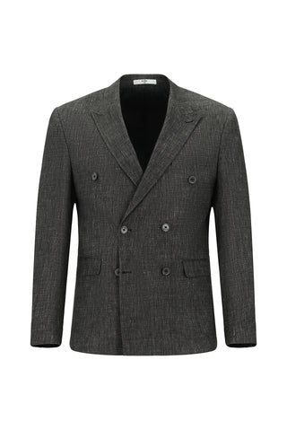 Siyah 7 Drop Slim Fit Dar Kesim Keten Karışımlı Sivri Yaka Kruvaze Takım Elbise