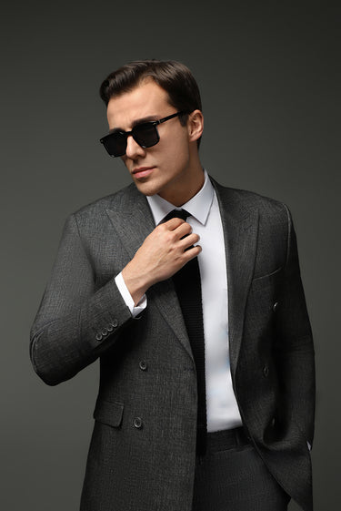 Siyah Slim Fit Dar Kesim Keten Karışımlı Kruvaze Takım Elbise