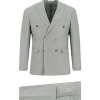 Orta Gri 7 Drop Slim Fit Dar Kesim Keten Karışımlı Sivri Yaka Kruvaze Takım Elbise