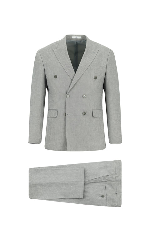 Orta Gri 7 Drop Slim Fit Dar Kesim Keten Karışımlı Sivri Yaka Kruvaze Takım Elbise