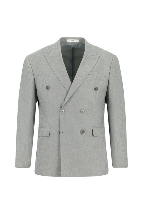 Orta Gri 7 Drop Slim Fit Dar Kesim Keten Karışımlı Sivri Yaka Kruvaze Takım Elbise