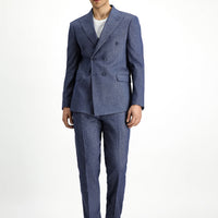 Açık Lacivert Slim Fit Dar Kesim Keten Karışımlı Kruvaze Takım Elbise