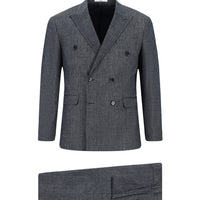 Koyu Lacivert Slim Fit Dar Kesim Keten Karışımlı Kruvaze Takım Elbise