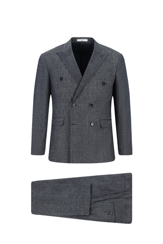 Koyu Lacivert 7 Drop Slim Fit Dar Kesim Keten Karışımlı Sivri Yaka Kruvaze Takım Elbise