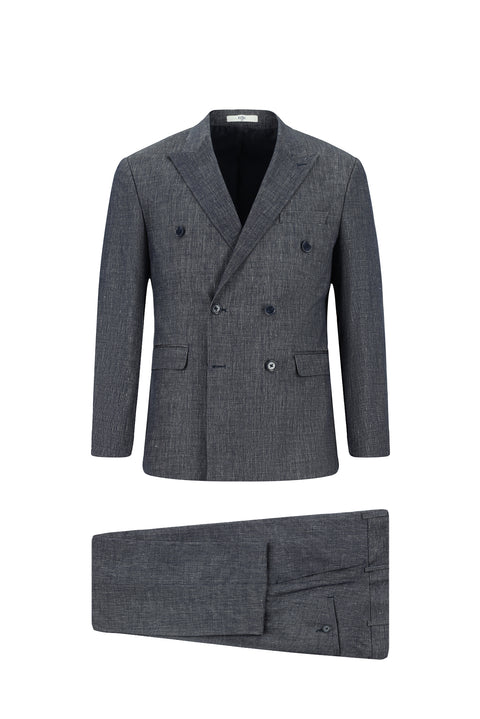 Koyu Lacivert 7 Drop Slim Fit Dar Kesim Keten Karışımlı Sivri Yaka Kruvaze Takım Elbise