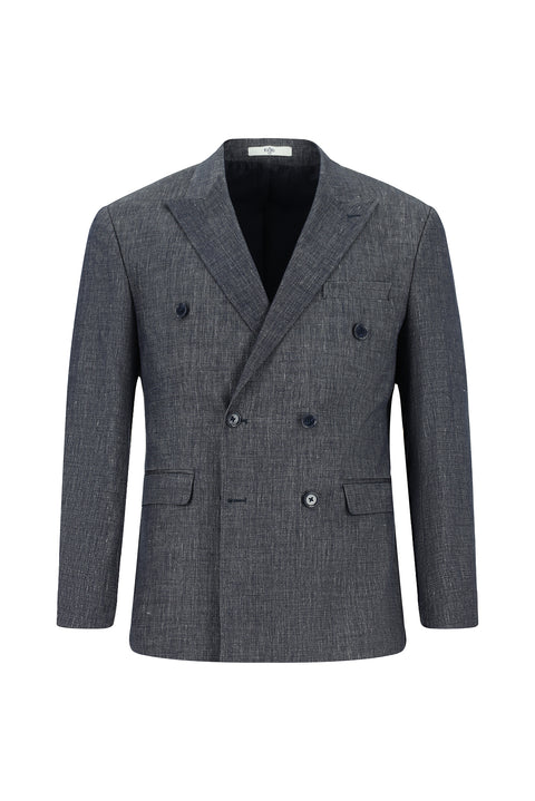 Koyu Lacivert 7 Drop Slim Fit Dar Kesim Keten Karışımlı Sivri Yaka Kruvaze Takım Elbise