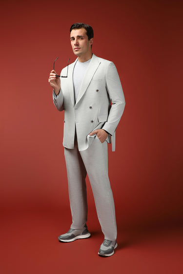 Açık Gri Regular Fit Keten Karışımlı Beli Lastikli İpli Kuşaklı Kruvaze Takım Elbise