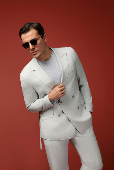 Açık Gri Regular Fit Keten Karışımlı Beli Lastikli İpli Kuşaklı Kruvaze Takım Elbise