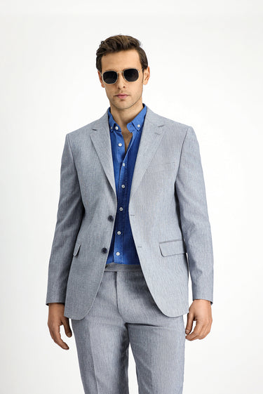 Açık Lacivert Slim Fit Dar Kesim Keten Karışımlı Takım Elbise