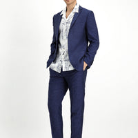 Koyu Lacivert Super Slim Fit Ekstra Dar Kesim Beli Lastikli İpli Çizgili Ketenli Takım Elbise