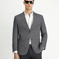 Siyah Slim Fit Dar Kesim Klasik Keten Karışımlı Desenli Ceket