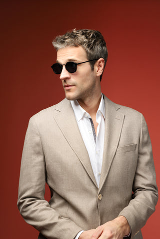 Orta Bej 7 Drop Slim Fit Dar Kesim Klasik Keten Karışımlı Desenli Ceket