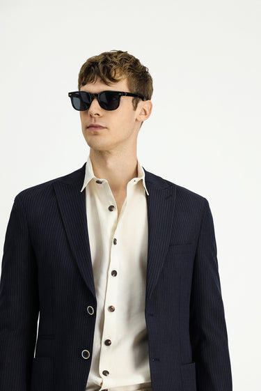 Koyu Lacivert Super Slim Fit Ekstra Dar Kesim Çizgili Likralı Spor Ceket