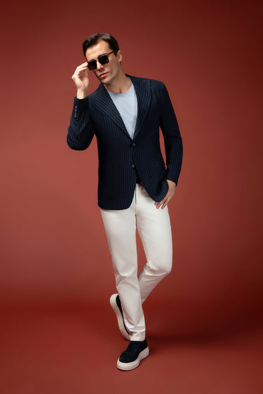 Koyu Lacivert Super Slim Fit Ekstra Dar Kesim Çizgili Likralı Spor Ceket
