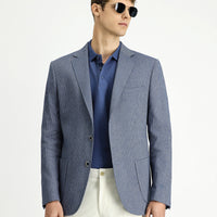 Koyu Mavi Slim Fit Dar Kesim Keten Karışımlı Çizgili Spor Ceket