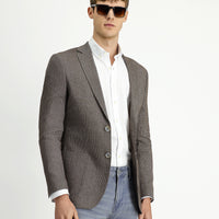 Orta Kahve Slim Fit Dar Kesim Keten Karışımlı Çizgili Spor Ceket