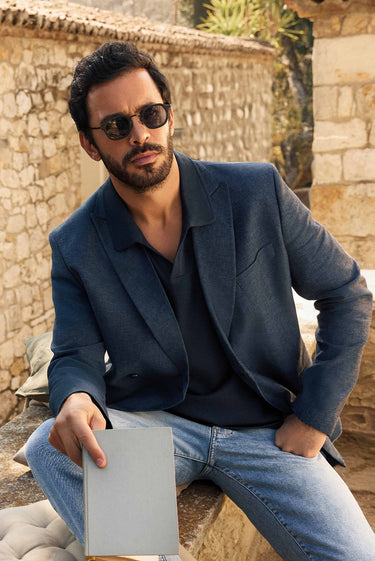 Koyu Lacivert Slim Fit Dar Kesim Çizgili Keten Karışımlı Kruvaze Ceket