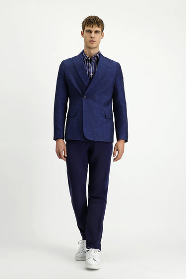 Koyu Lacivert Super Slim Fit Ekstra Dar Kesim Çizgili Keten Karışımlı Kruvaze Ceket