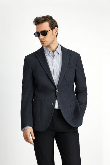 Koyu Lacivert Slim Fit Dar Kesim Pamuklu Spor Ceket