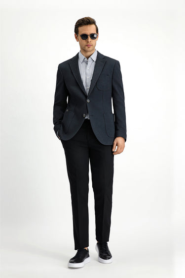 Koyu Lacivert Slim Fit Dar Kesim Pamuklu Spor Ceket
