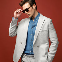 Açık Gri Slim Fit Dar Kesim Keten Karışımlı Kruvaze Ceket