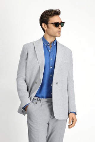 Açık Gri 7 Drop Slim Fit Dar Kesim Keten Karışımlı Kruvaze Ceket
