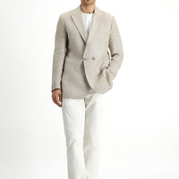 Açık Bej Slim Fit Dar Kesim Keten Karışımlı Kruvaze Ceket