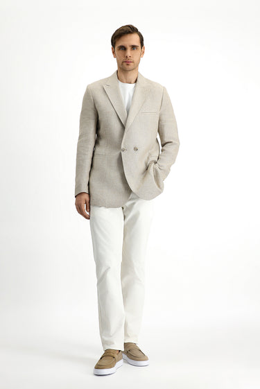 Açık Bej Slim Fit Dar Kesim Keten Karışımlı Kruvaze Ceket