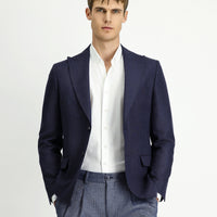 Koyu Lacivert Slim Fit Dar Kesim Yünlü Keten Karışımlı Klasik Ceket