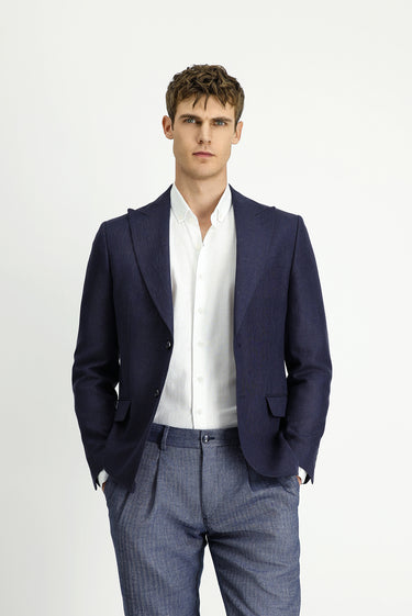 Koyu Lacivert Slim Fit Dar Kesim Yünlü Keten Karışımlı Klasik Ceket